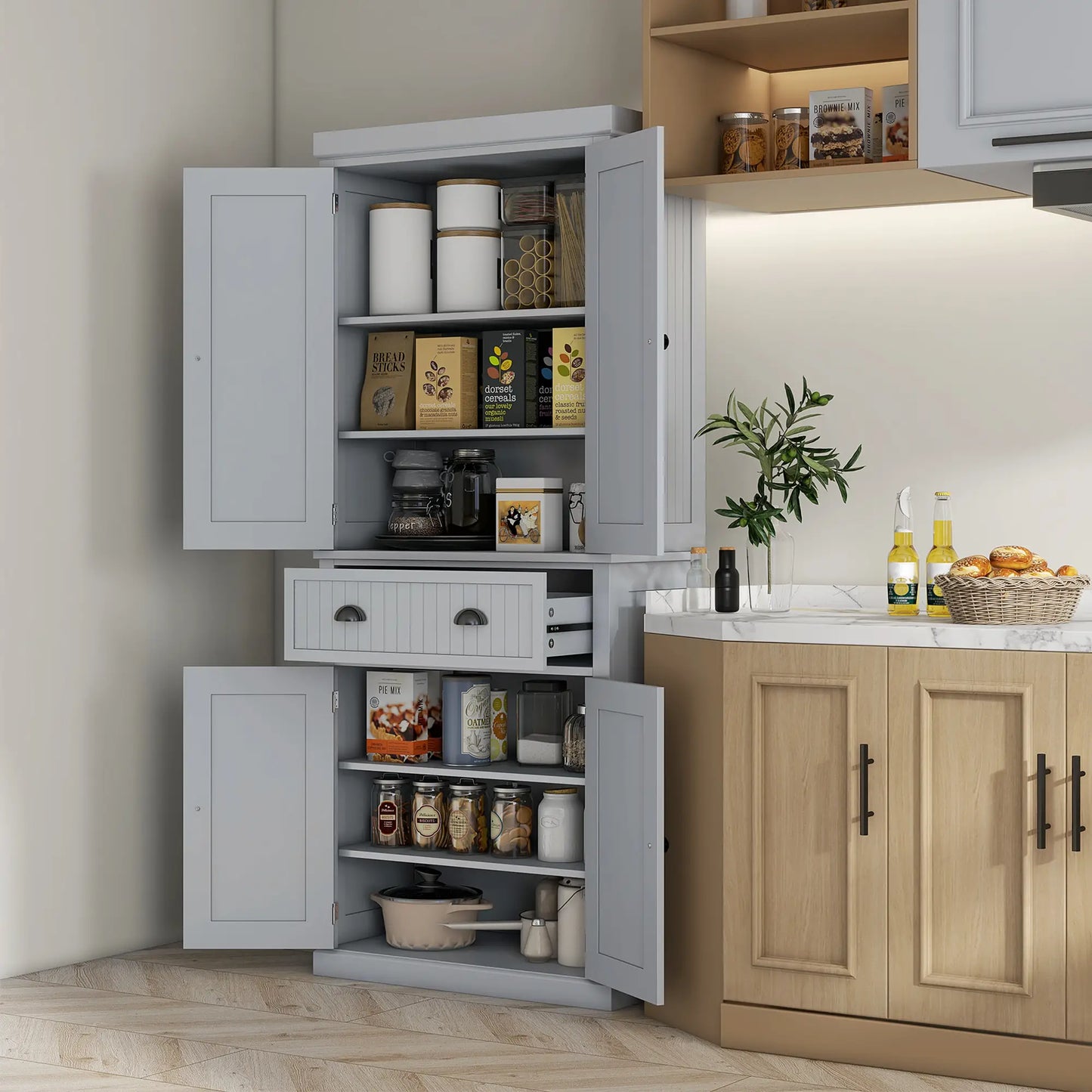 72" Kitchen Pantry, Freestanding Cabinet with Drawer, Doors, Grey Kitchen Pantry Cabinets at Gallery Canada