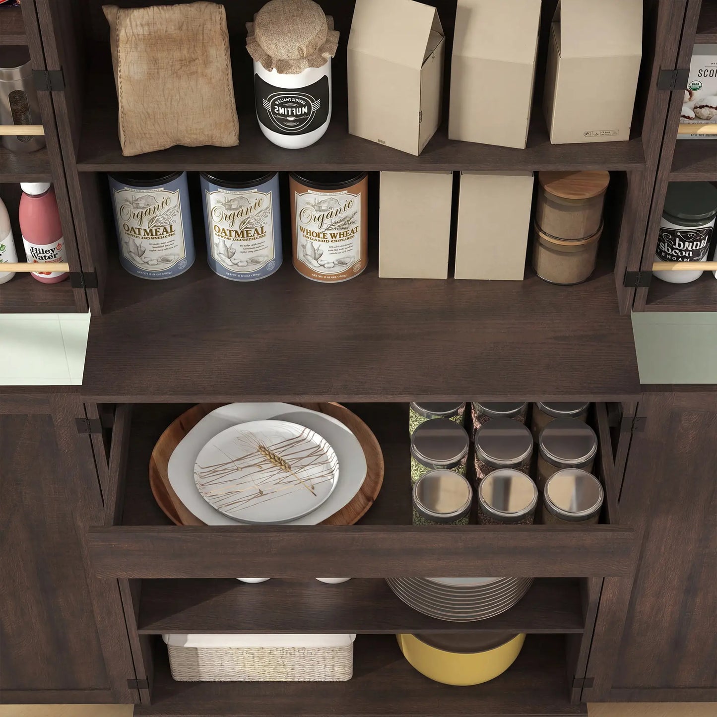 72" Tall Kitchen Pantry Cabinet, Farmhouse Storage Cabinet with 8 Door Racks and Adjustable Shelves, Distressed Brown