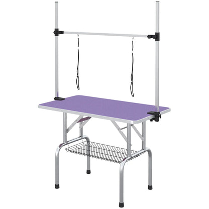 Adjustable Dog Grooming Table, 2 Safety Slings, Storage Basket, Purple Dog Grooming Tables Purple at Gallery Canada