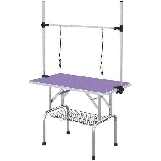 Adjustable Dog Grooming Table, 2 Safety Slings, Storage Basket, Purple Dog Grooming Tables Purple at Gallery Canada