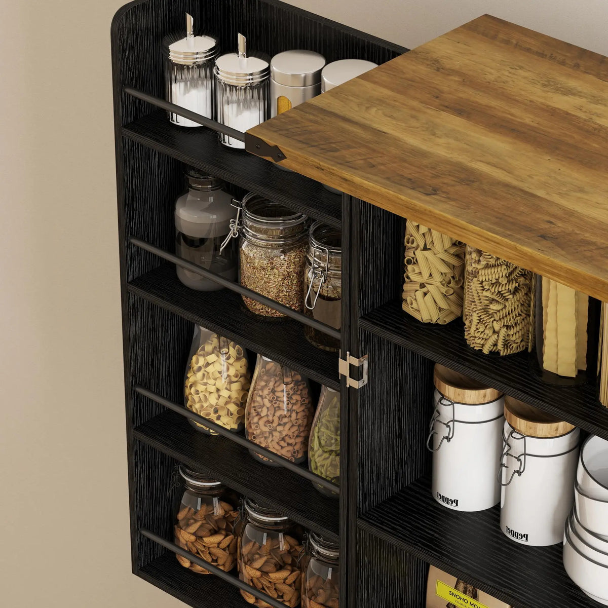 72 Inch Kitchen Pantry Cabinet, 4 Doors, Drawer, Shelves, Black Kitchen Pantry Cabinets at Gallery Canada