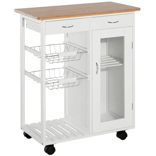 34" Rolling Wood Kitchen Trolley Serving Cart with Drawer and Cabinet Wheeled Kitchen Storage Island White with Bamboo Top - Gallery Canada