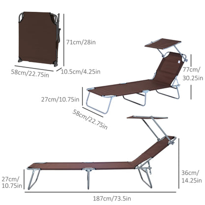 Adjustable Folding Chaise Lounge, Outdoor Tanning Chair with Sun Shade, Brown Lounger Chairs at Gallery Canada