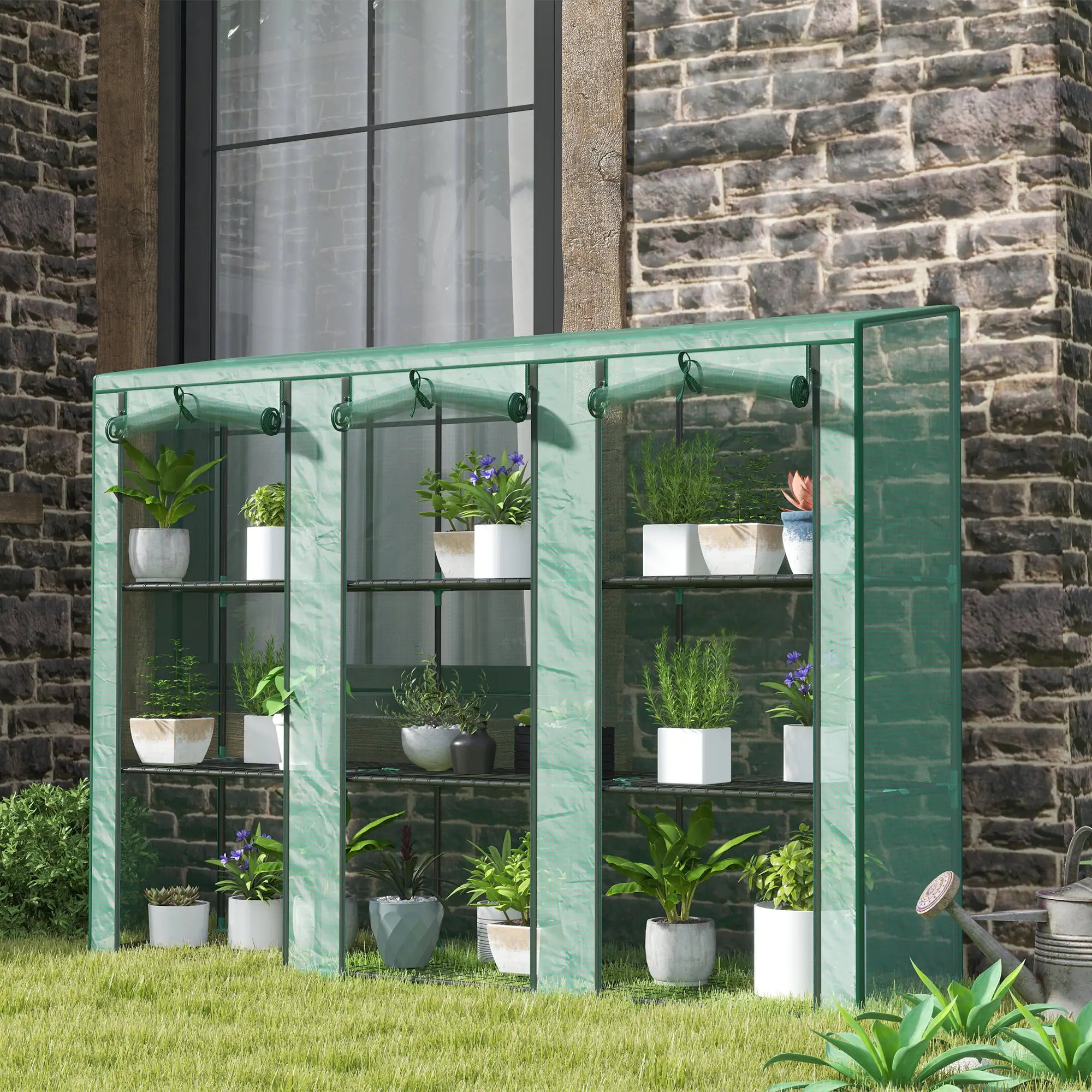 Lean-To Greenhouse, 3 Tier Shelves, 3 Roll-Up Doors, Indoor Outdoor, Green Greenhouses at Gallery Canada