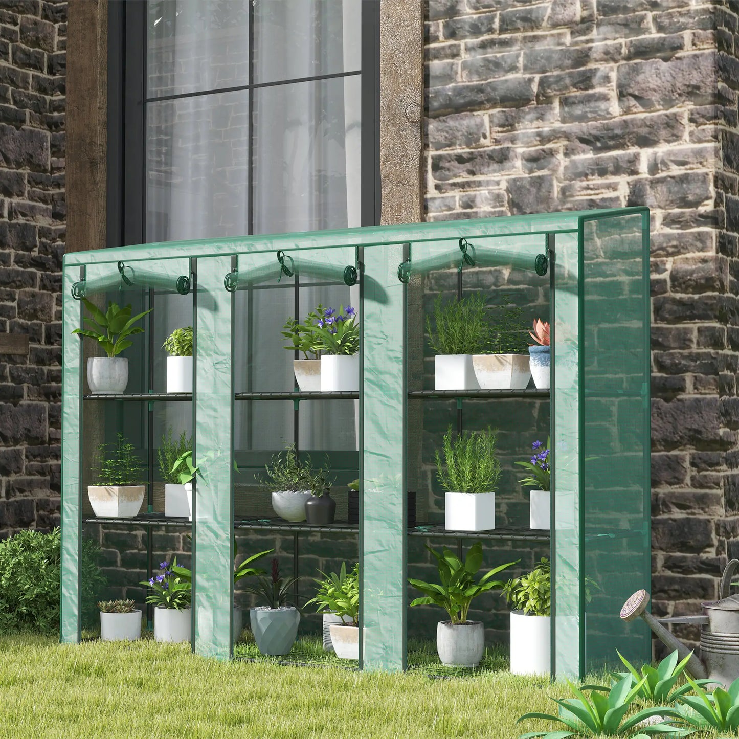Lean-To Greenhouse, 3 Tier Shelves, 3 Roll-Up Doors, Indoor Outdoor, Green Greenhouses at Gallery Canada