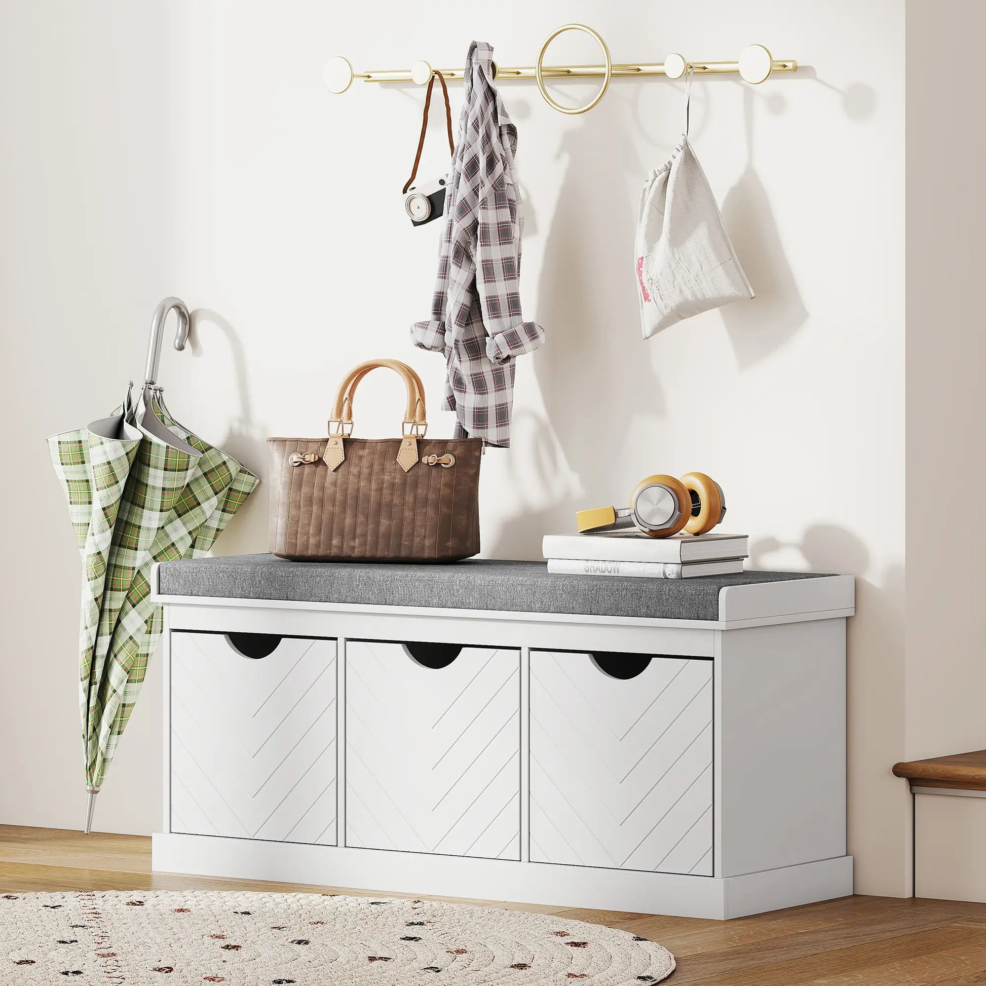Shoe Storage Bench, 3 Drawers, Padded Seat, White Shoe Storage Cabinets & Racks at Gallery Canada