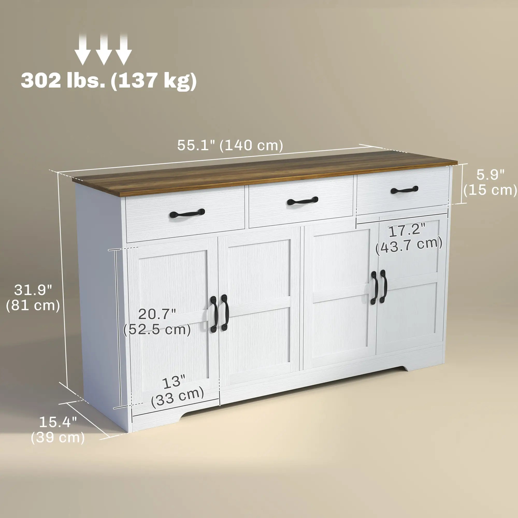 Modern Sideboard Buffet Cabinet, Distressed White, 3 Drawers, Adjustable Shelves, White Bar Cabinets at Gallery Canada