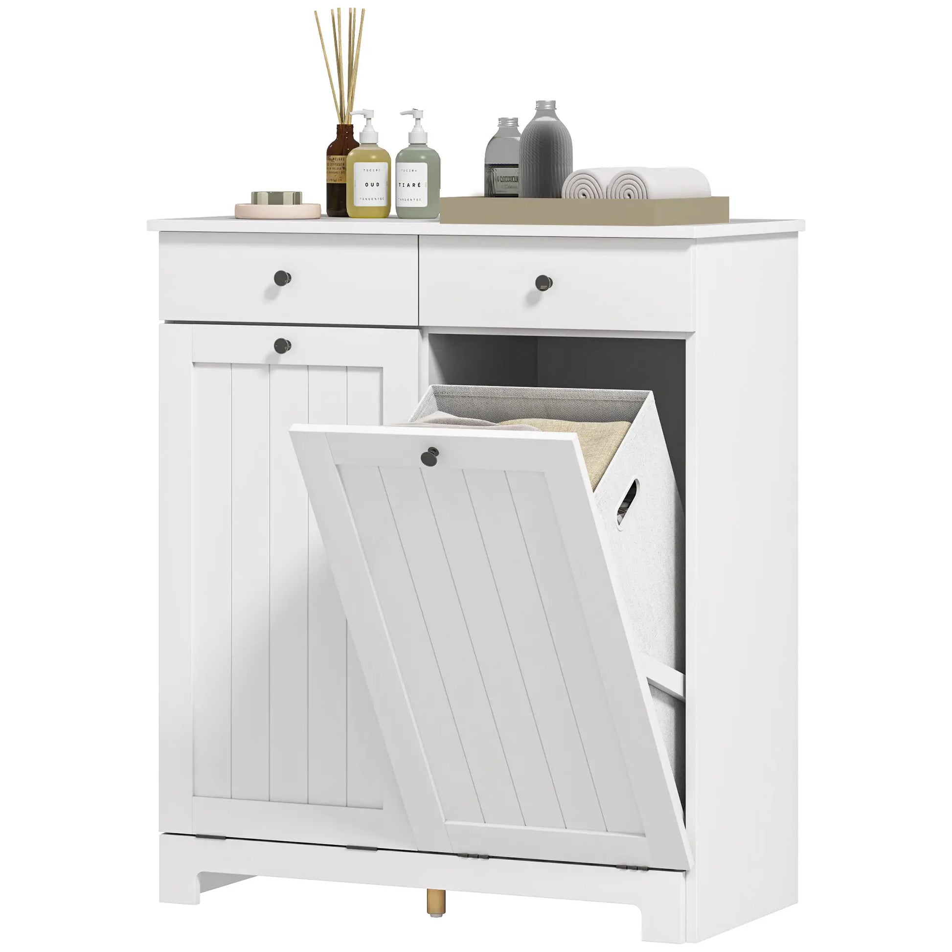 Laundry Cabinet, Tilt Out Hamper with 2 Baskets, 2 Drawers, White Bathroom Cabinets White at Gallery Canada