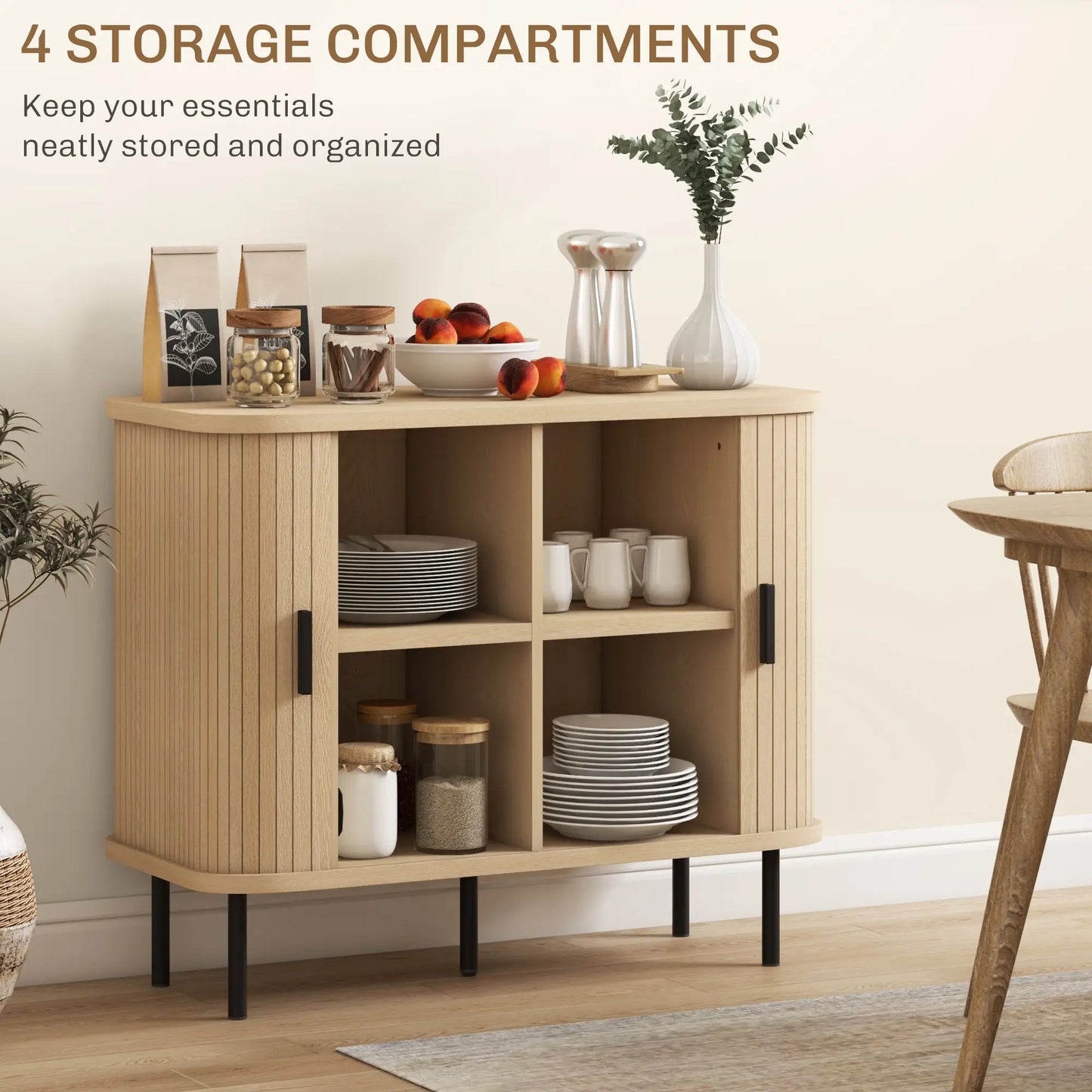 35.4" Sideboard Buffet Cabinet, Nordic Coffee Bar, Slatted Tambour Doors, Oak Storage Cabinets at Gallery Canada