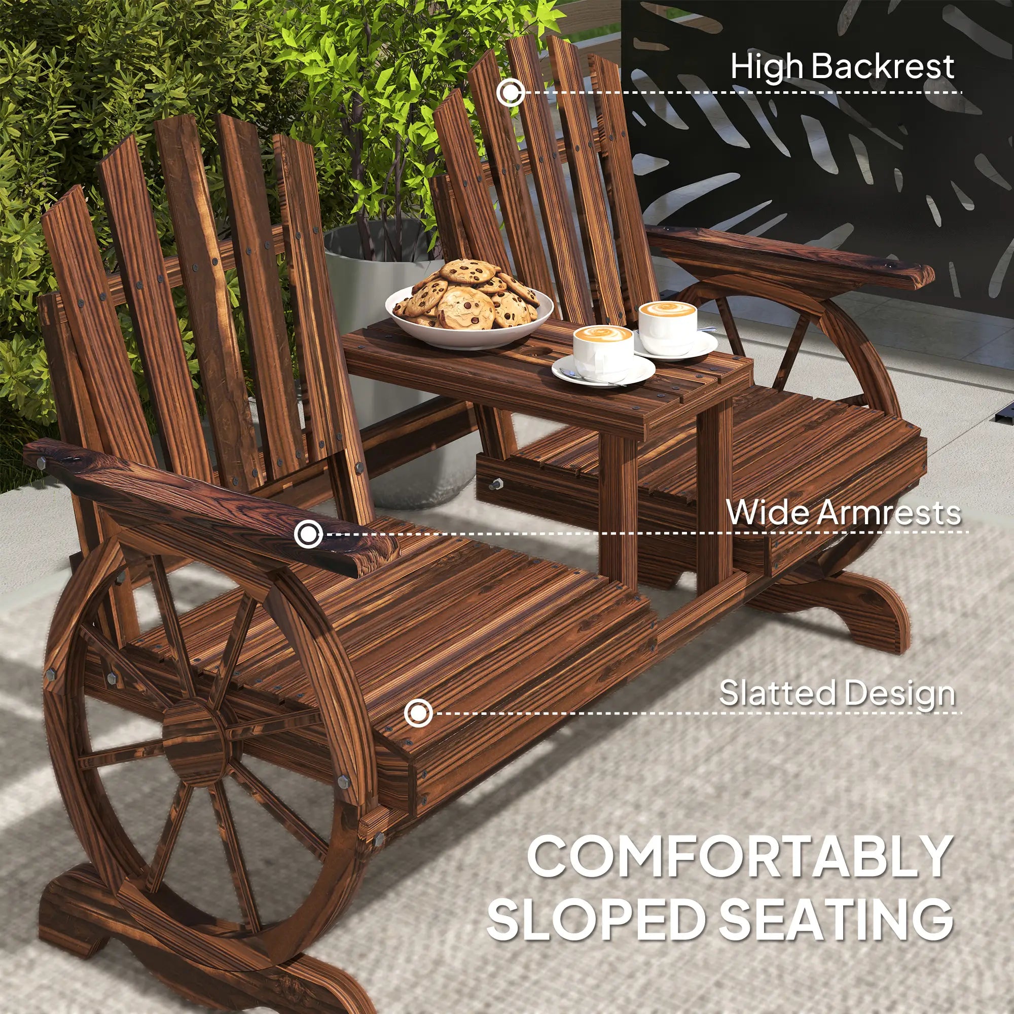 Wooden Outdoor Loveseat, Wagon Wheel Bench With Table, Carbonized Outdoor Benches at Gallery Canada