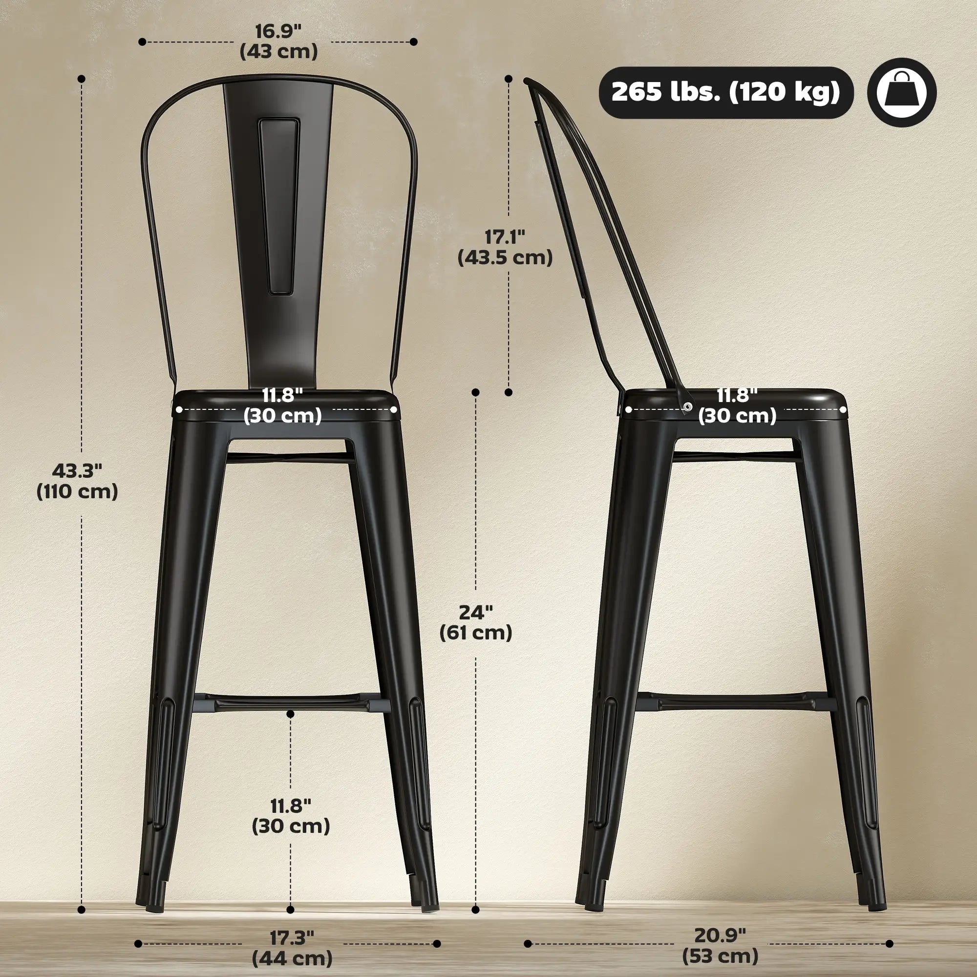 24 Inch Bar Stools, Set of 4, Industrial Kitchen, Black Metal Frame, Black Bar Stools at Gallery Canada