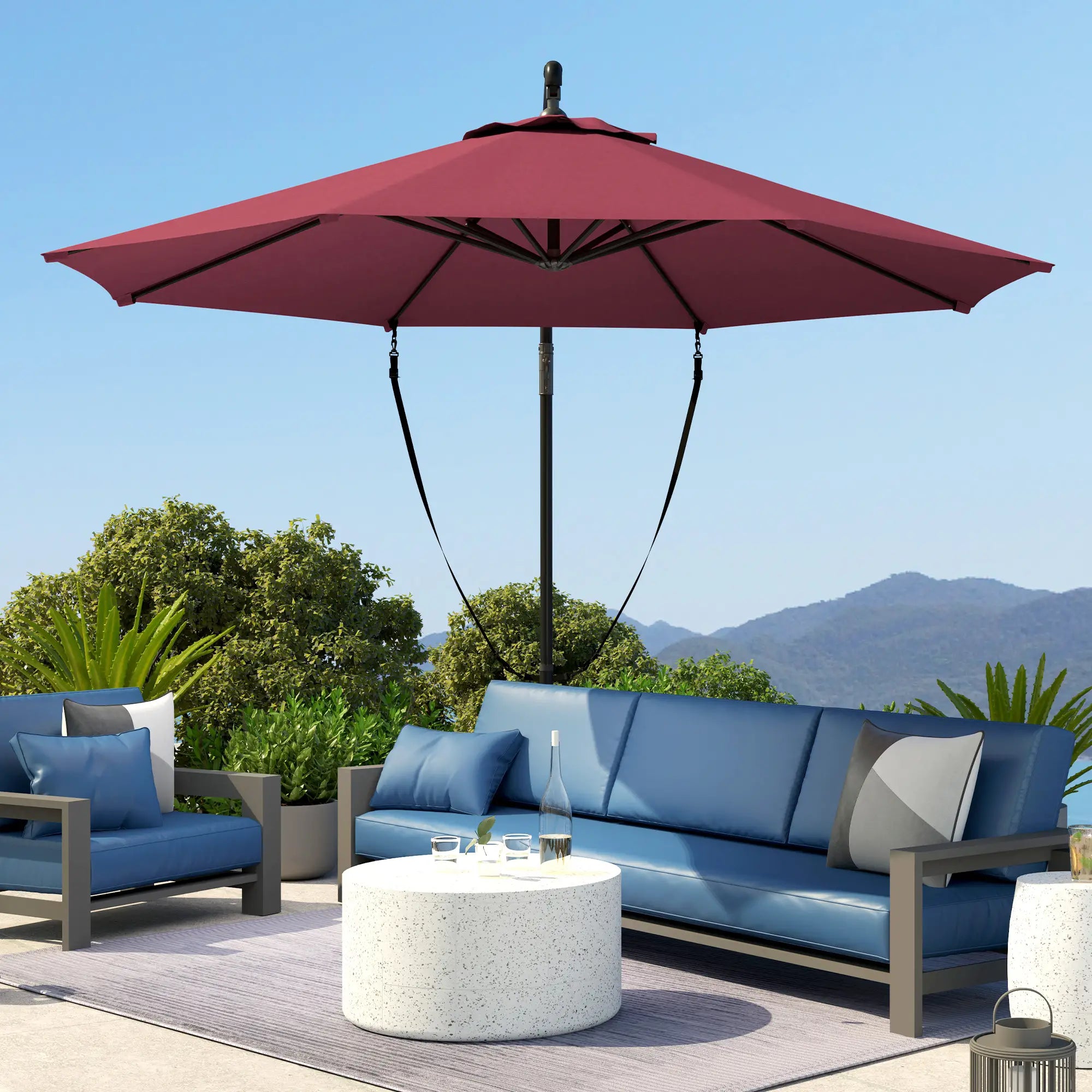 9.5' Cantilever Umbrella, Wind Protection, Crank, Cross Base, UPF 50+, Red Offset Cantilever Umbrellas at Gallery Canada
