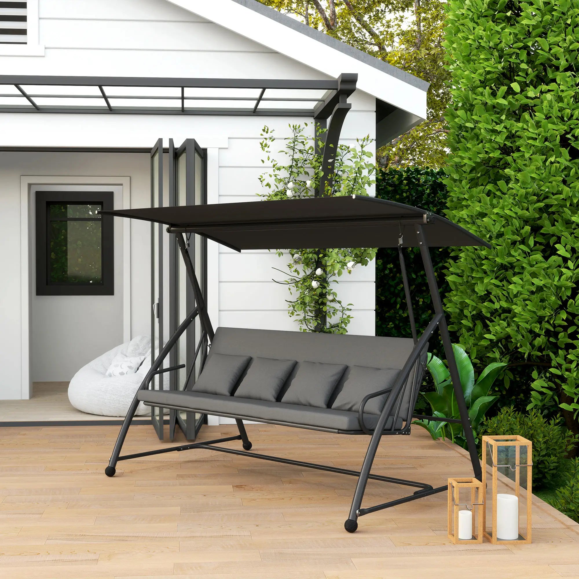3 Person Patio Swing Chair, Convertible Hammock, Outdoor Lounge Bed, Dark Grey Porch Swings with Canopy at Gallery Canada