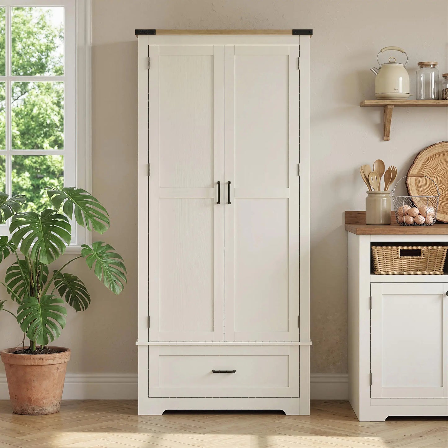 69" Tall Farmhouse Pantry Cabinet, 2 Doors, Drawer, Cream White Kitchen Pantry Cabinets at Gallery Canada