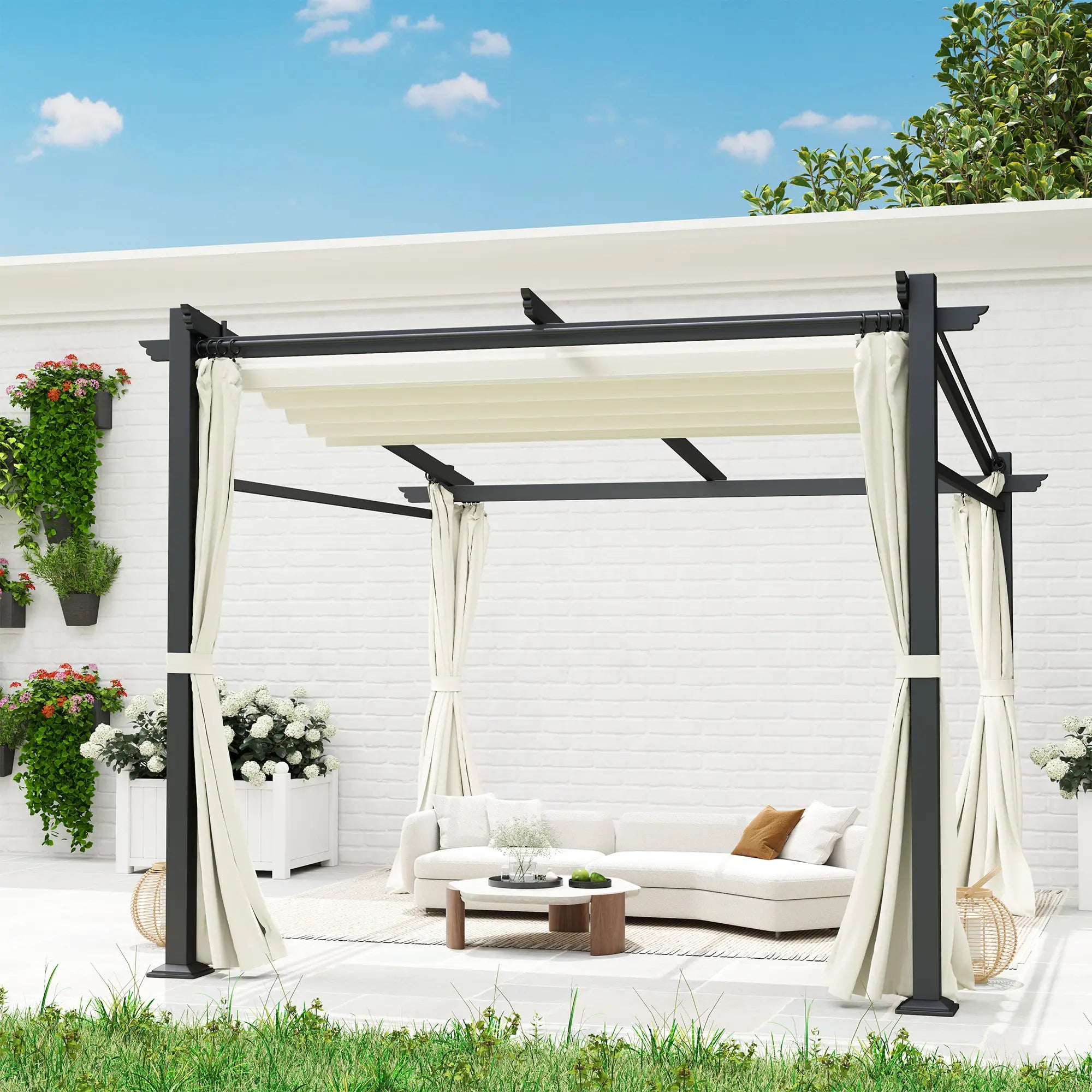 Metal Pergola, Sliding Roof Canopy, Retractable, 10' x 10', Beige Pergolas at Gallery Canada