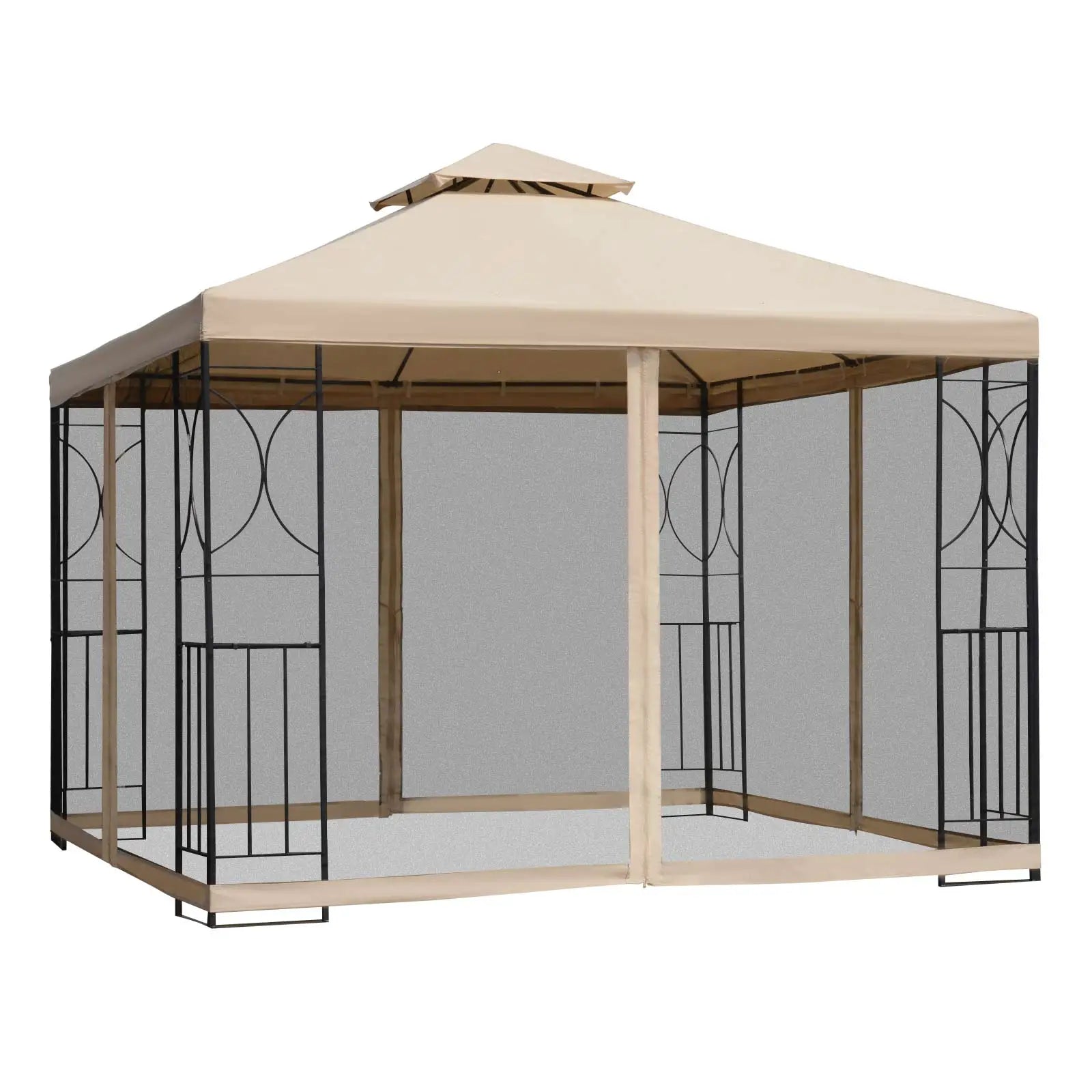 10x10ft Outdoor Gazebo, Double Top Pavilion, Steel Frame, Mosquito Netting Gazebos Sand Color Fabric, Black Frame and Netting at Gallery Canada