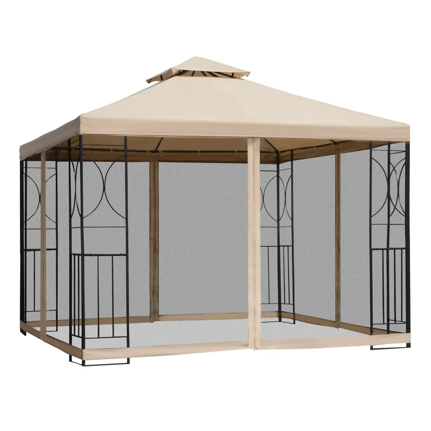 10x10ft Outdoor Gazebo, Double Top Pavilion, Steel Frame, Mosquito Netting Gazebos Sand Color Fabric, Black Frame and Netting at Gallery Canada