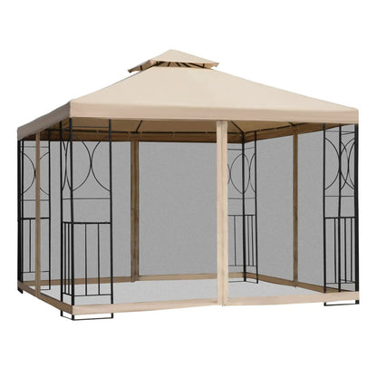 10x10ft Outdoor Gazebo, Double Top Pavilion, Steel Frame, Mosquito Netting Gazebos Sand Color Fabric, Black Frame and Netting at Gallery Canada