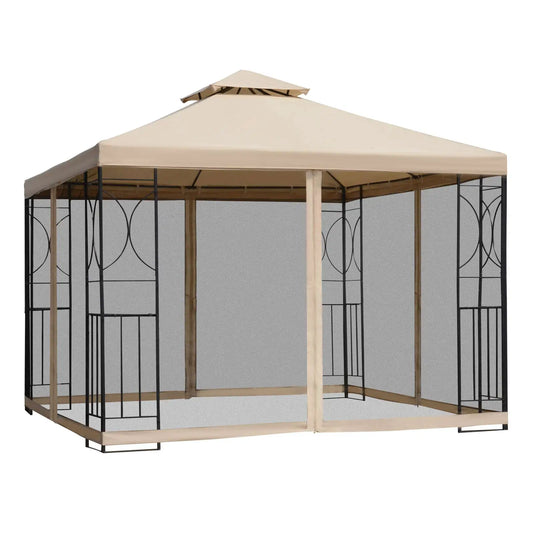10x10ft Outdoor Gazebo, Double Top Pavilion, Steel Frame, Mosquito Netting Gazebos Sand Color Fabric, Black Frame and Netting at Gallery Canada