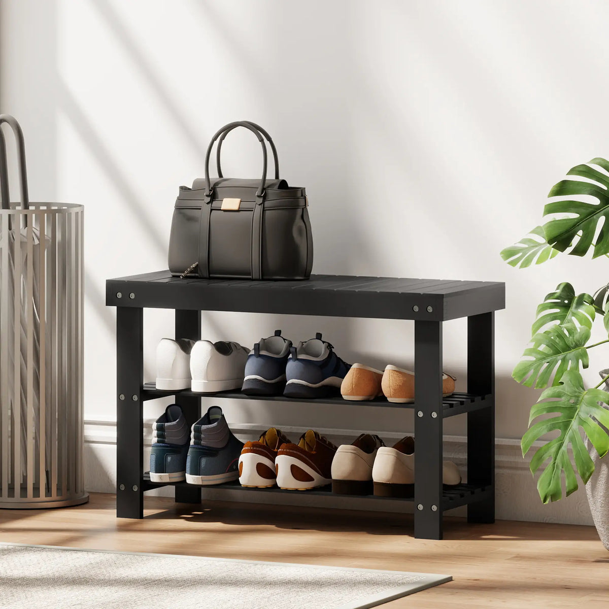 Bamboo Shoe Storage Bench, 3-Tier, 2 Shelves, Holds 6 Pairs, Black Shoe Storage Cabinets & Racks at Gallery Canada