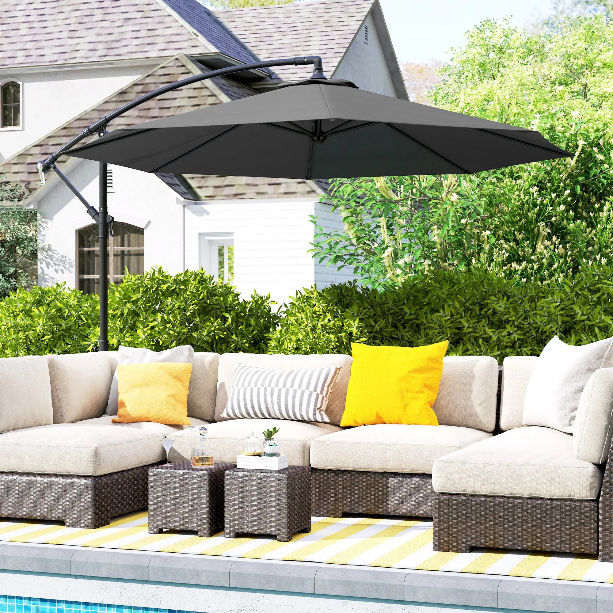 10' Grey Offset Patio Umbrella, Crank, Cross Base, Grey Offset Cantilever Umbrellas at Gallery Canada