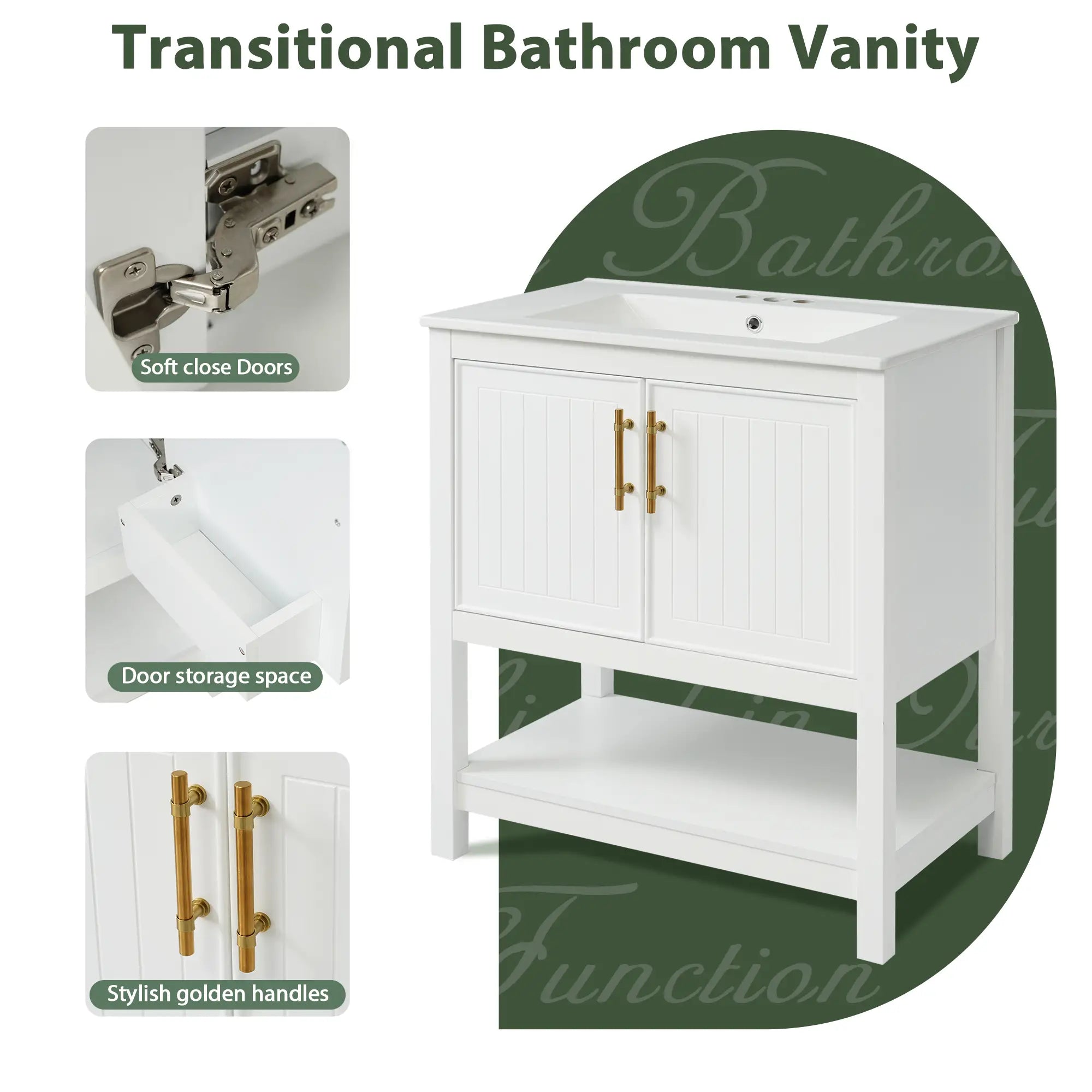 Bathroom Vanity with Ceramic Sink, Gold Handles, Soft Close Doors, 30