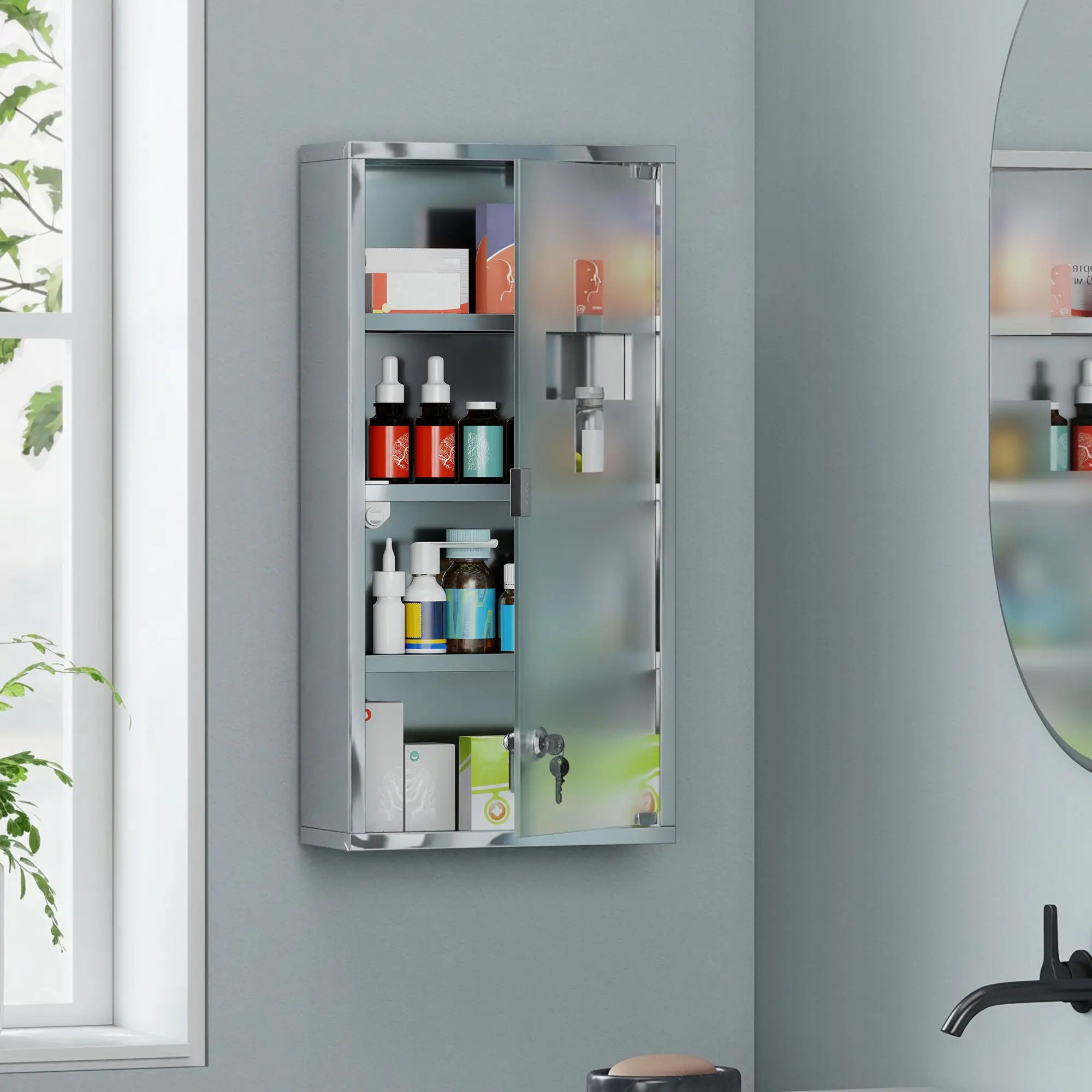 Wall Mount Medicine Cabinet, 4 Tier Shelves, Stainless Steel Frame, Glass Door, Lockable, 12