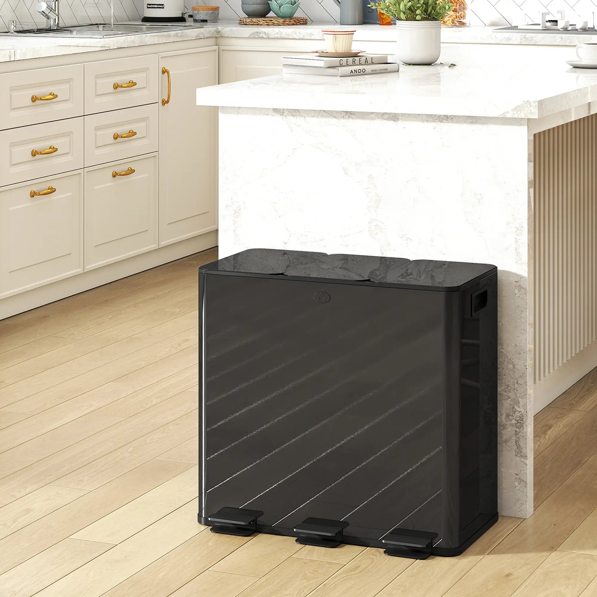 Triple Garbage Bin, Soft Close Trash Can, 3 x 20 Liter, Black Household Supplies at Gallery Canada