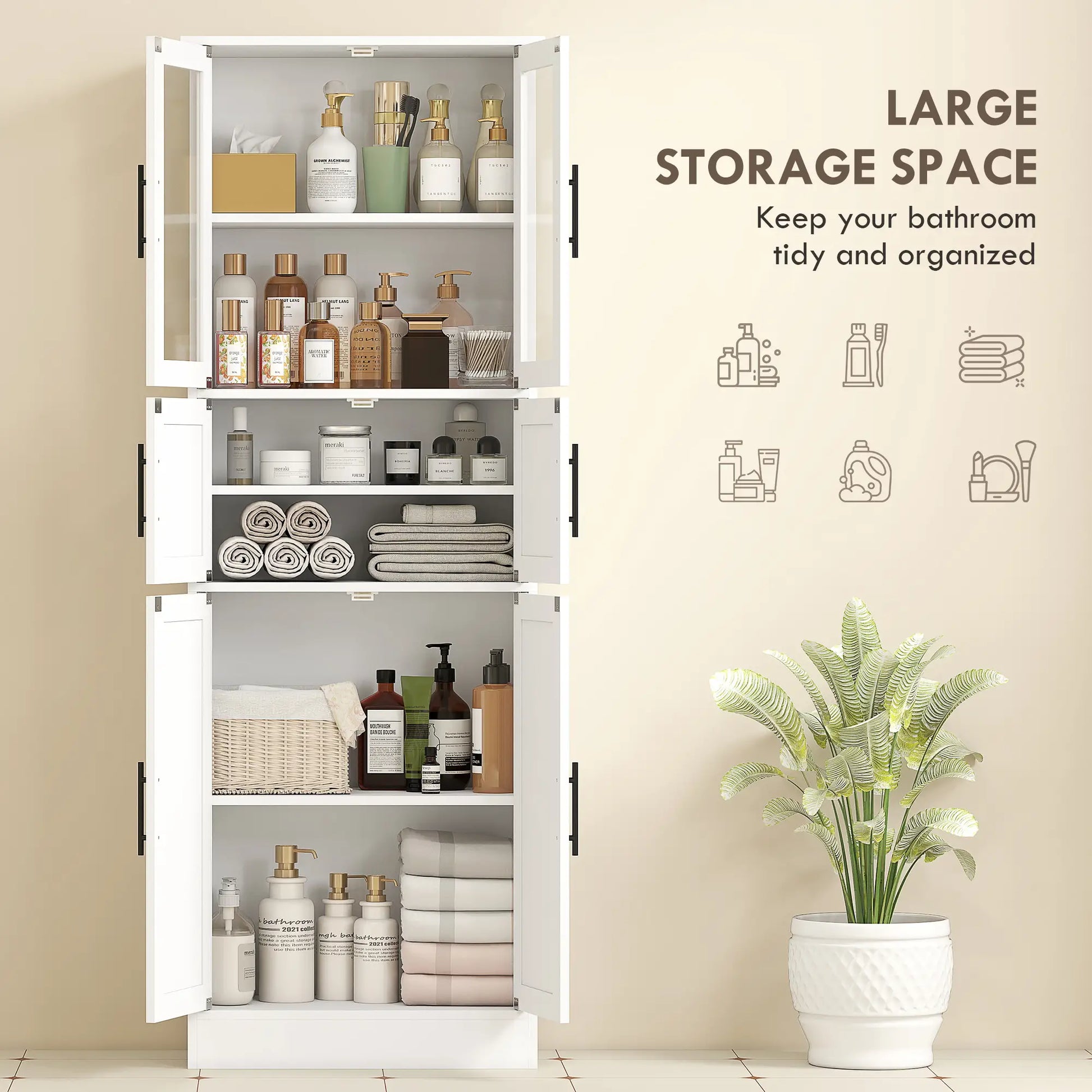 67" Tall Bathroom Storage Cabinet, Glass Doors, Adjustable Shelves, White Bathroom Cabinets at Gallery Canada