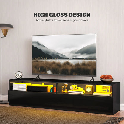 LED Lighted TV Stand for 75", Storage Drawers, High Gloss Black, Black TV Stands at Gallery Canada