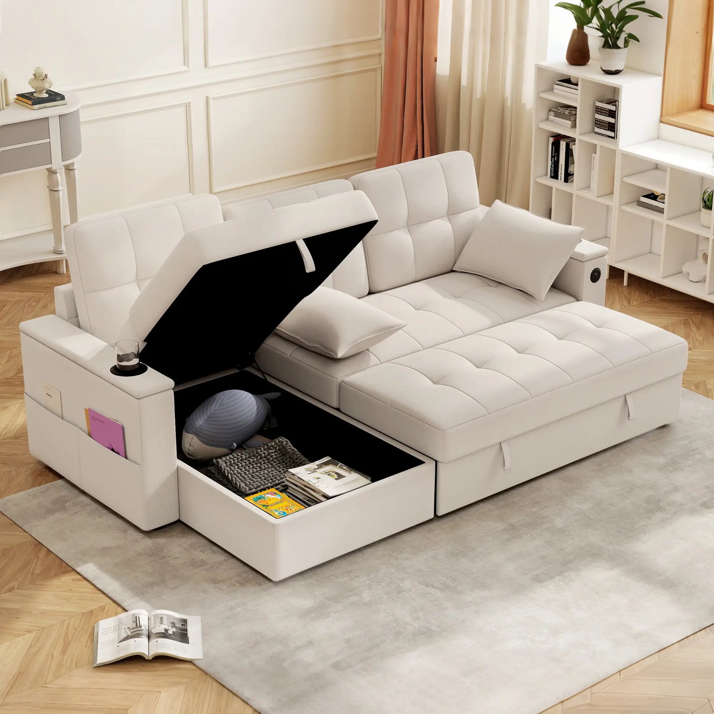Convertible Sectional Sofa Bed, Pull Out Sleeper With USB‑A+C, Chaise Storage, L-Shaped Futon, Beige Sofas & Reclining Chairs at Gallery Canada