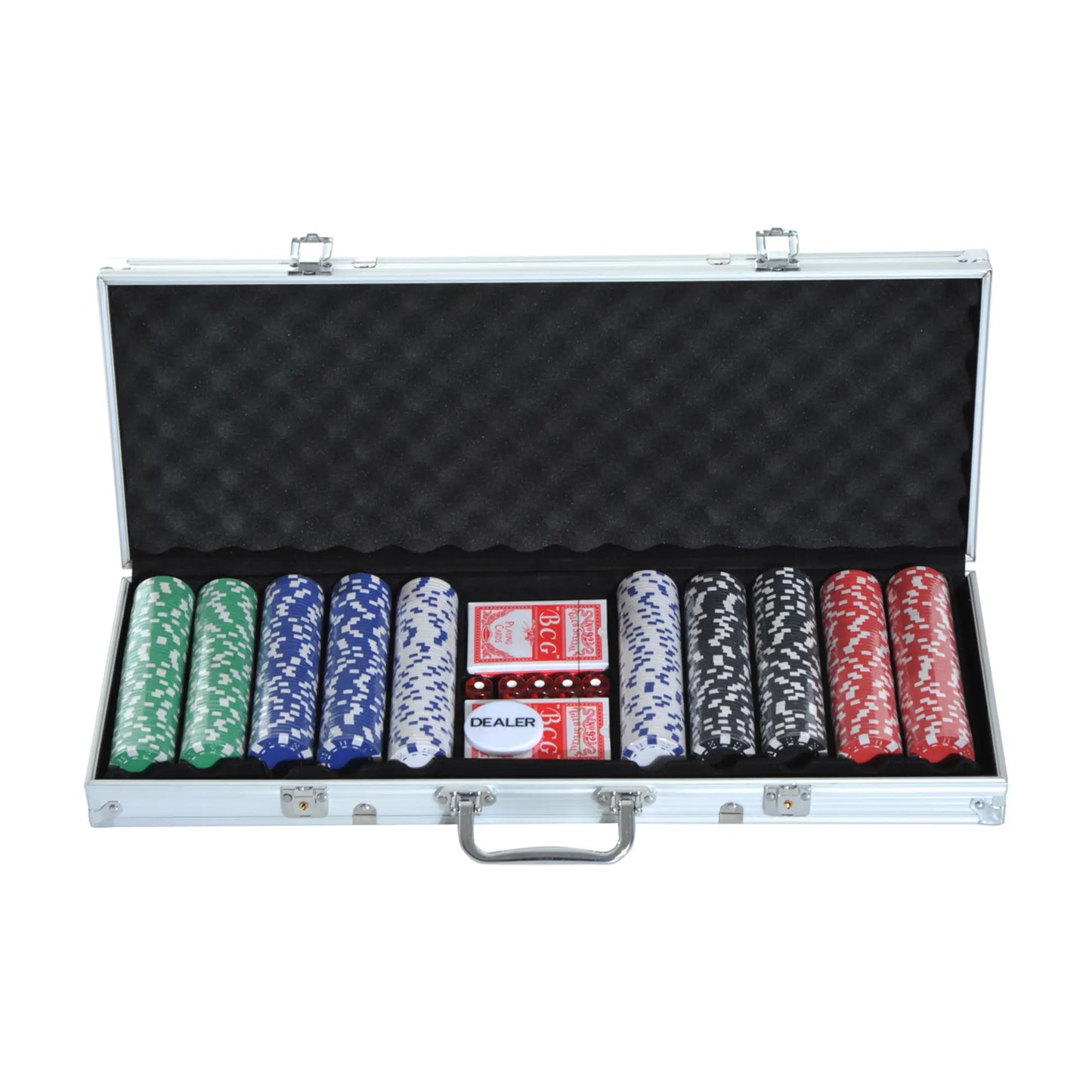 11.5 Gram Poker Chips Set, Aluminum Case, 500 Striped Dice, 2 Card Decks, Silver Game Tables at Gallery Canada