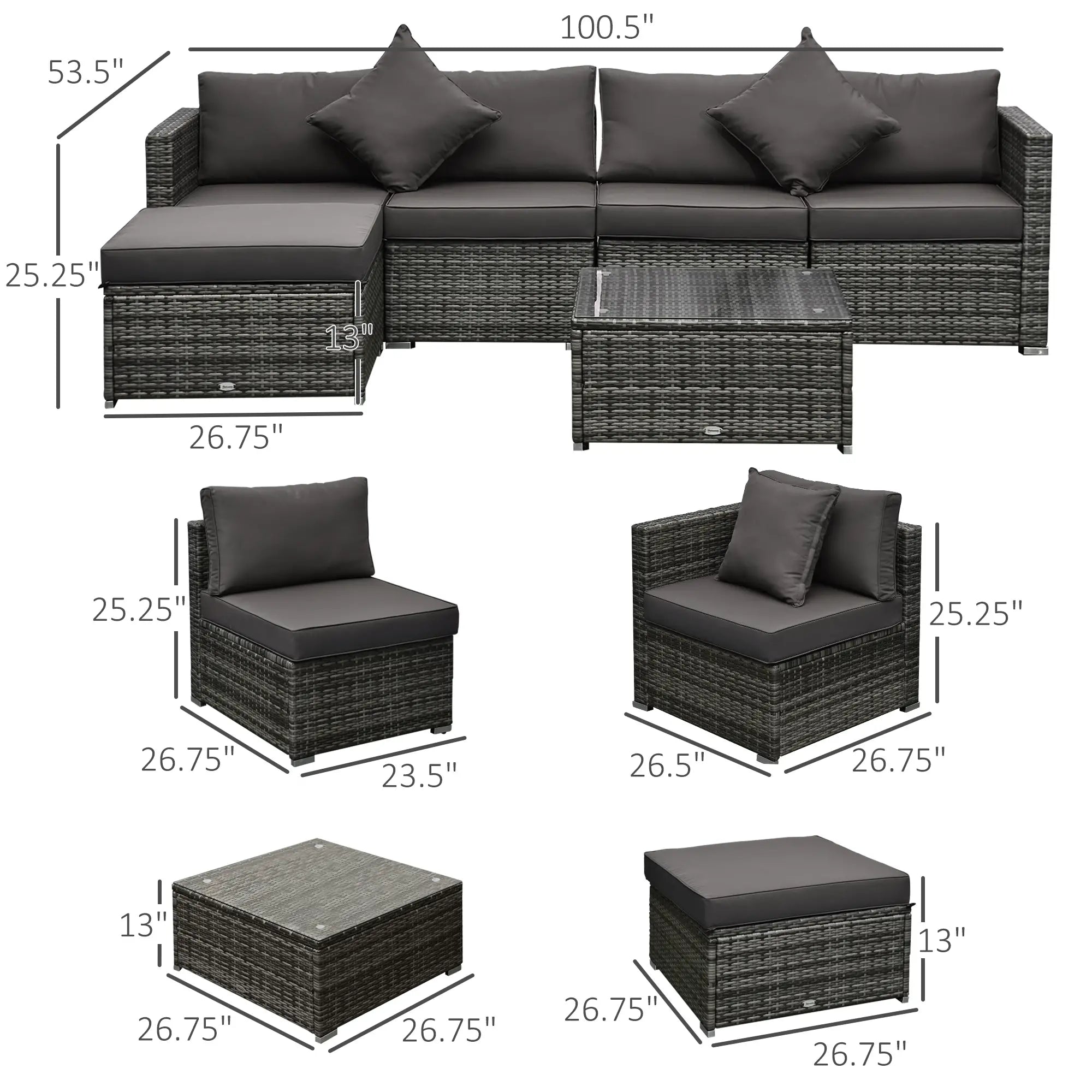 6-Piece Outdoor PE Rattan Sofa Set, Thick Cushions, Glass Top Table, Charcoal, Mixed Grey Patio Furniture Sets at Gallery Canada