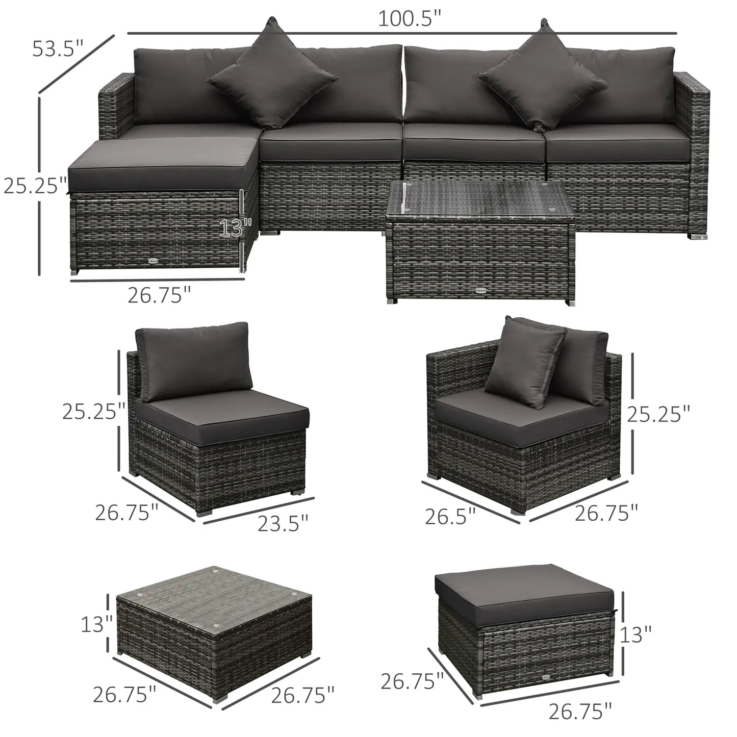 6-Piece Outdoor PE Rattan Sofa Set, Thick Cushions, Glass Top Table, Charcoal, Mixed Grey Patio Furniture Sets at Gallery Canada