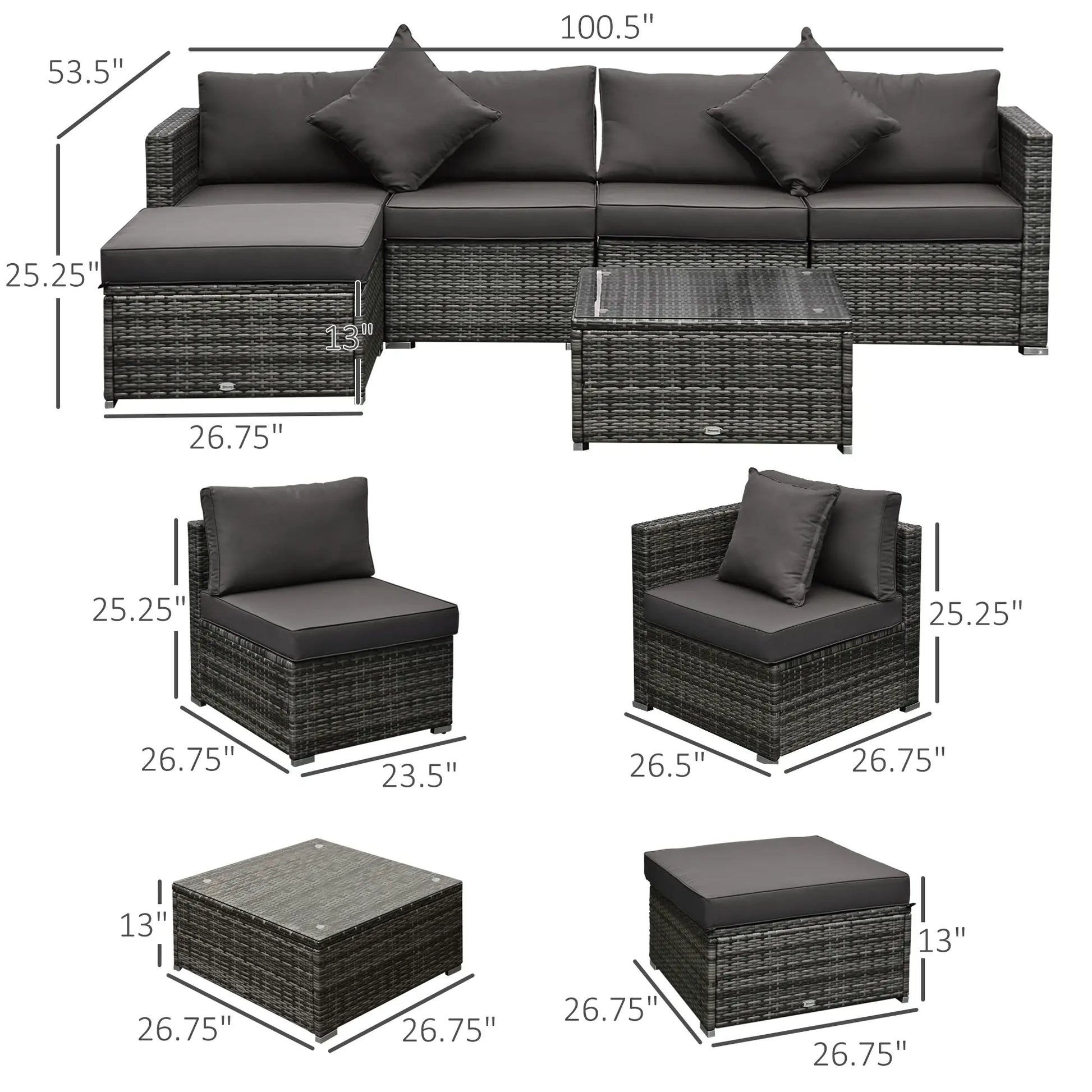 6-Piece Outdoor PE Rattan Sofa Set, Thick Cushions, Glass Top Table, Charcoal, Mixed Grey Patio Furniture Sets at Gallery Canada