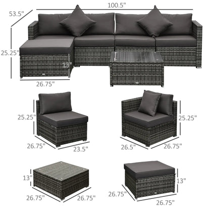 6-Piece Outdoor PE Rattan Sofa Set, Thick Cushions, Glass Top Table, Charcoal, Mixed Grey Patio Furniture Sets at Gallery Canada