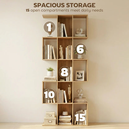 5-Tier S Shaped Geometric Bookcase, 15 Compartments, Oak