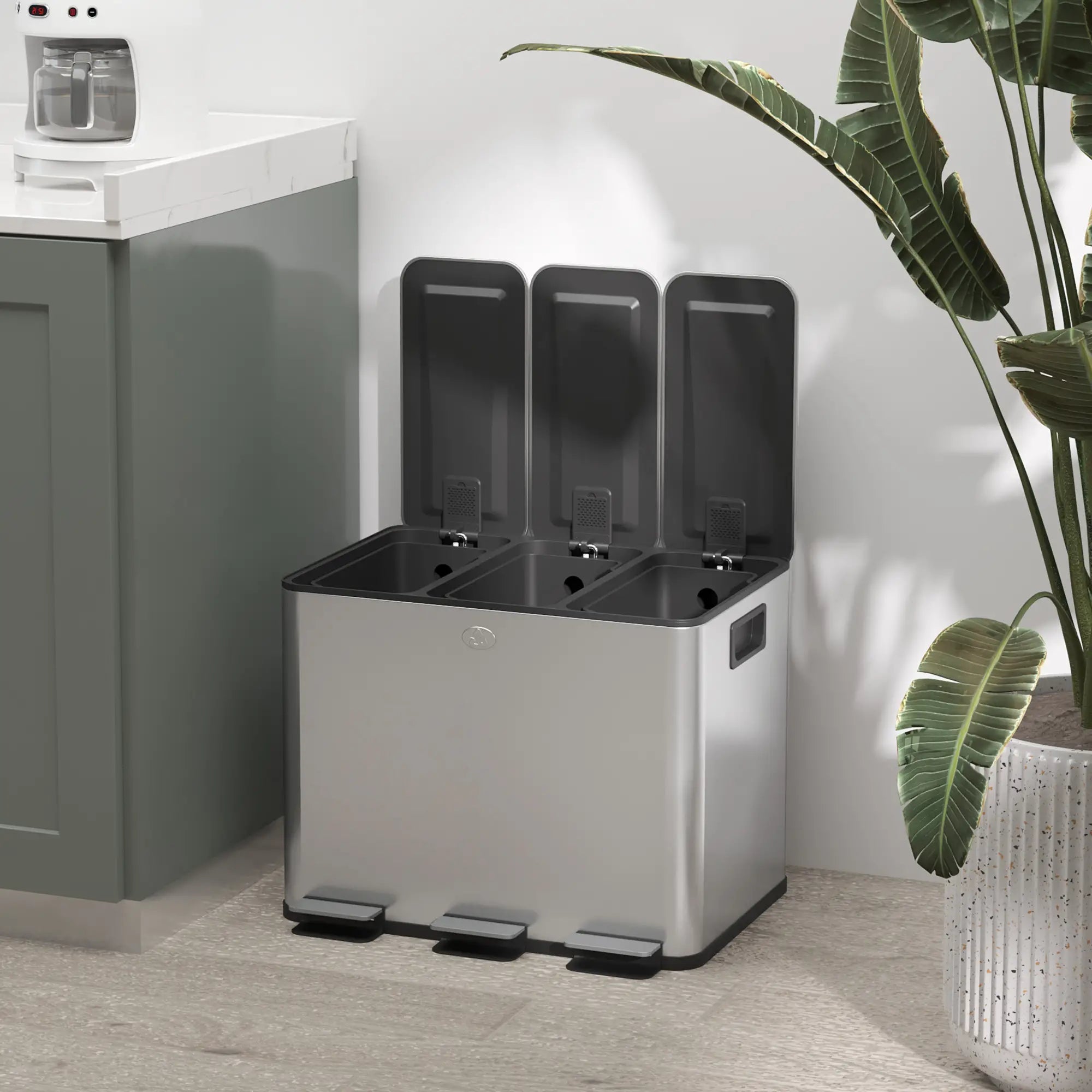 Triple Garbage Bin, Soft Close Trash Can, 3 x 20 Liter, Silver Household Supplies at Gallery Canada