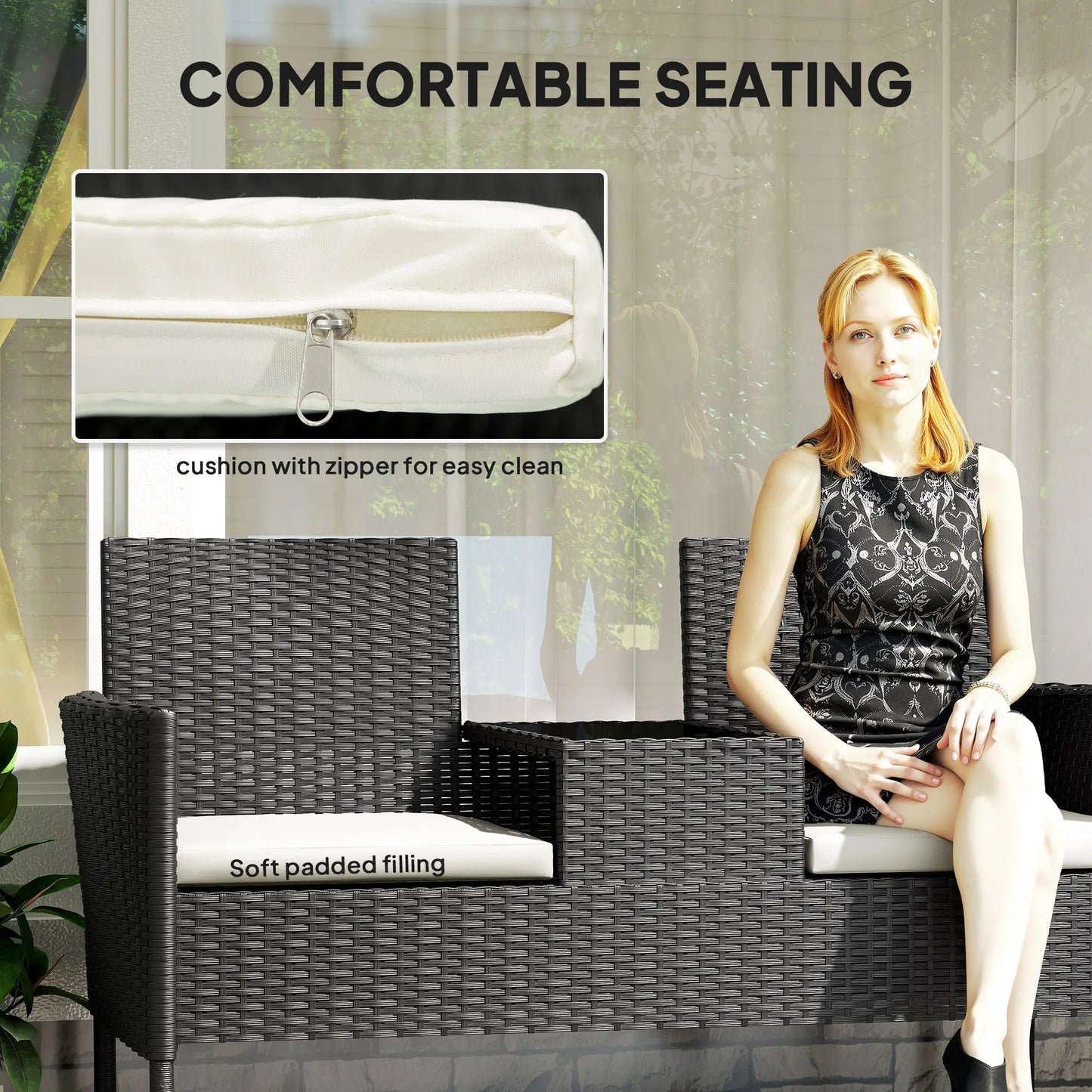 PE Rattan Loveseat with Cushion, Mid-Table, Cream White Patio Chairs at Gallery Canada