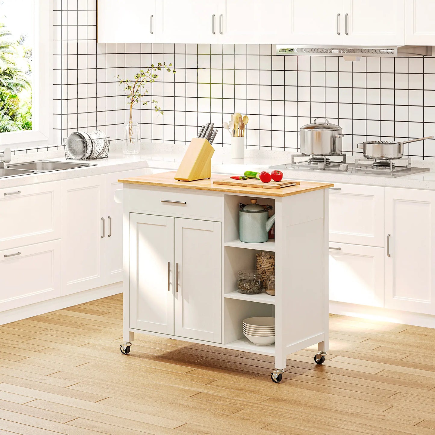Wooden Rolling Kitchen Island, 360° Swivel Wheels, Drawer, Towel Rack, White Kitchen Islands & Kitchen Carts at Gallery Canada