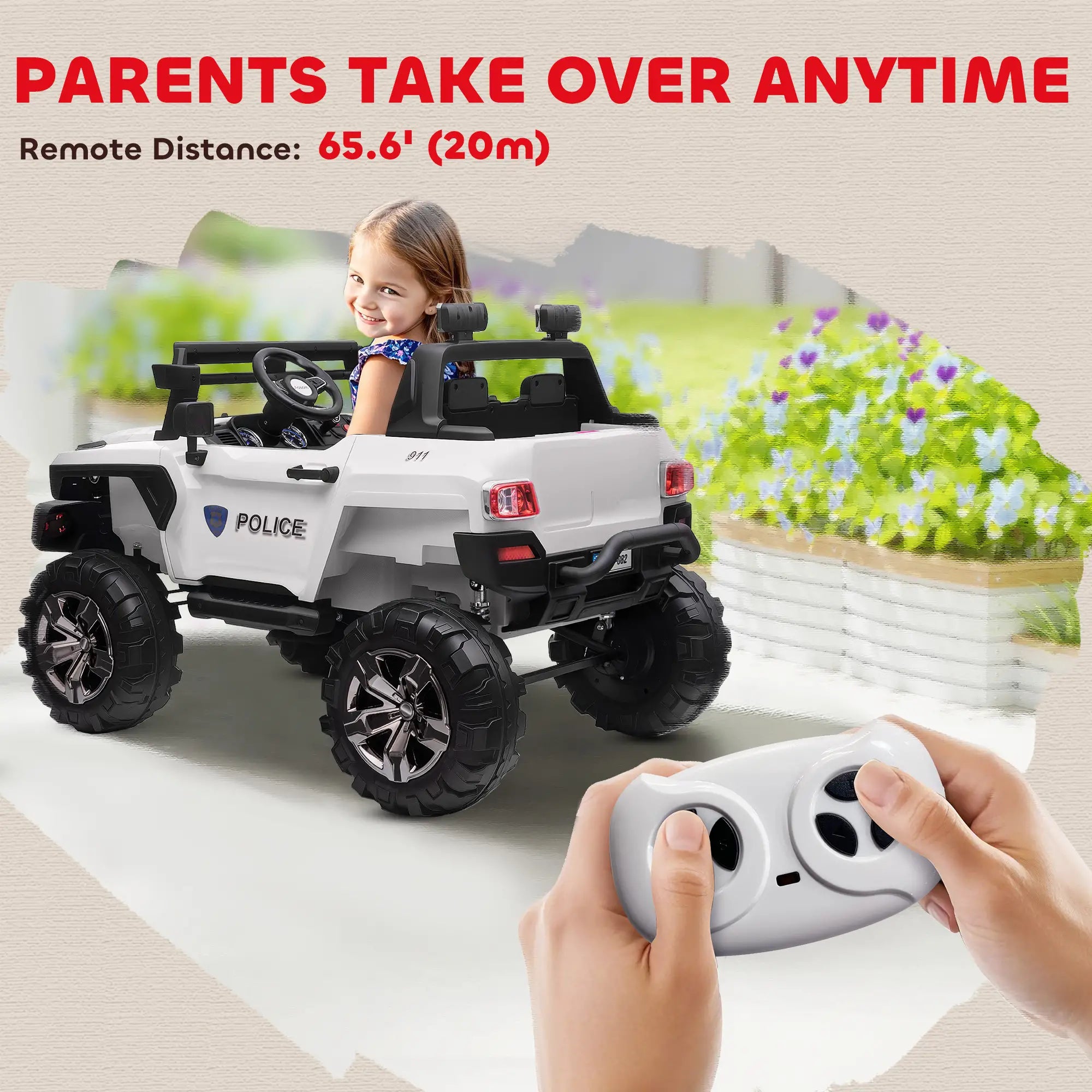 Kids Ride On Car 12V RC 2 Seater Police Truck, White Electric Toy Cars at Gallery Canada