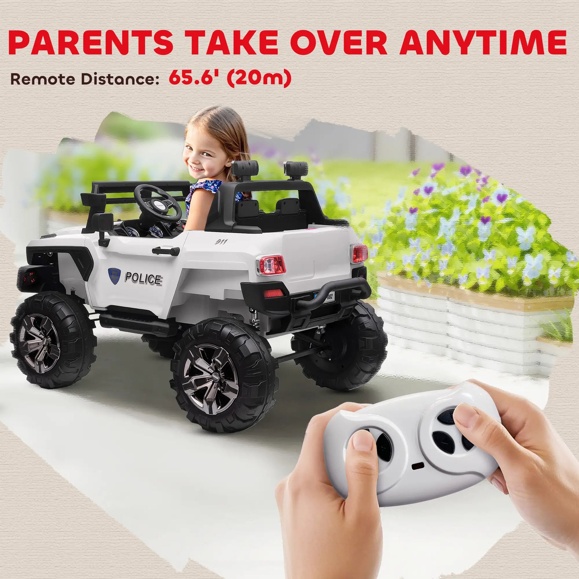 Kids Ride On Car 12V RC 2 Seater Police Truck, White Electric Toy Cars at Gallery Canada