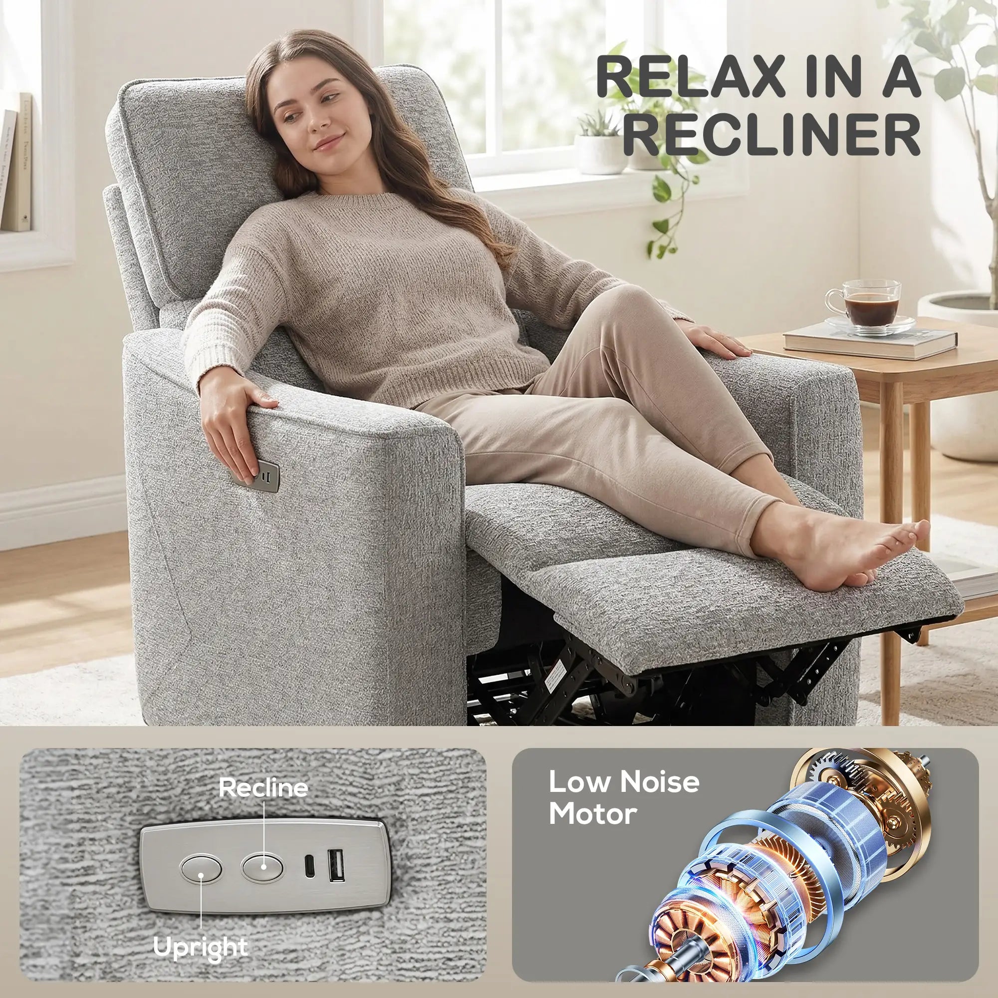 Power Recliner Chair, Linen Fabric, USB Ports, Footrest, Grey Sofas & Reclining Chairs at Gallery Canada