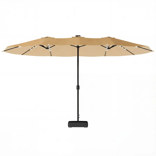 Double Sided Patio Umbrella, 15ft, LED Lights, Base Included, Khaki Double-sided Umbrellas Khaki, Black at Gallery Canada
