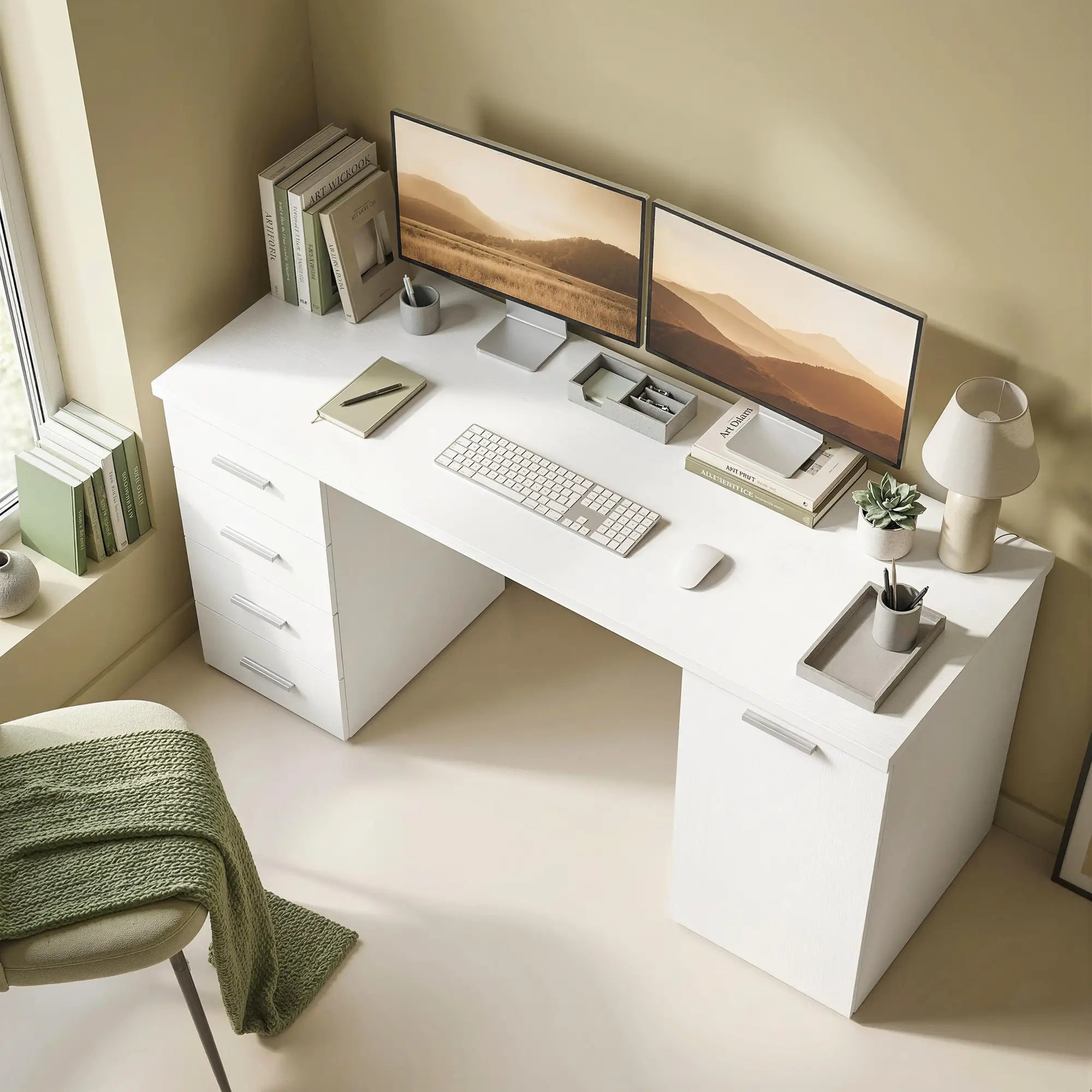 140 cm Computer Desk, Adjustable Shelf, Drawers, Cabinet, White Wood Grain, White Computer Desks at Gallery Canada