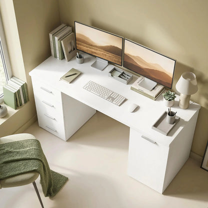 140 cm Computer Desk, Adjustable Shelf, Drawers, Cabinet, White Wood Grain, White Computer Desks at Gallery Canada