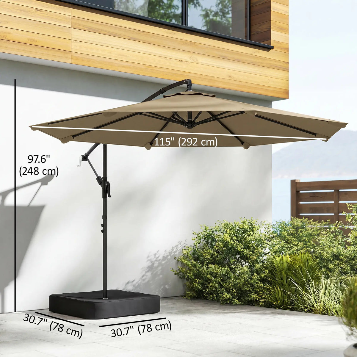9.6 ft Offset Patio Umbrella, Sandbag, 360° Rotation, Khaki Offset Cantilever Umbrellas at Gallery Canada