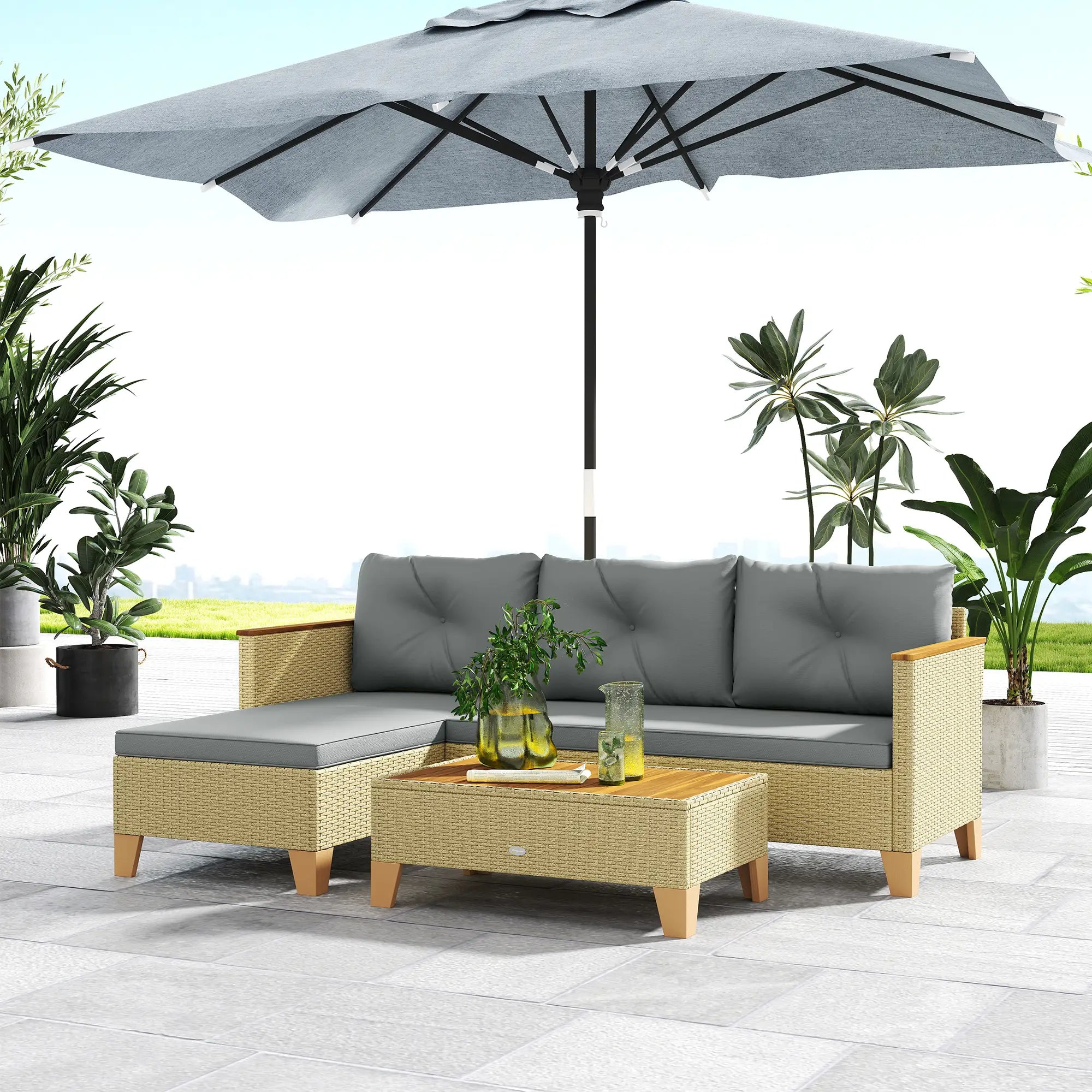 3 Piece L-Shaped Patio Set, Wood Top Coffee Table, Light Grey Patio Furniture Sets at Gallery Canada