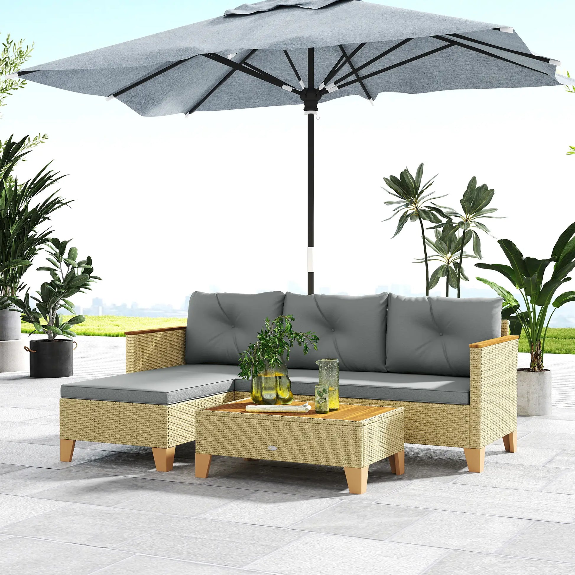 3 Piece L-Shaped Patio Set, Wood Top Coffee Table, Light Grey Patio Furniture Sets at Gallery Canada