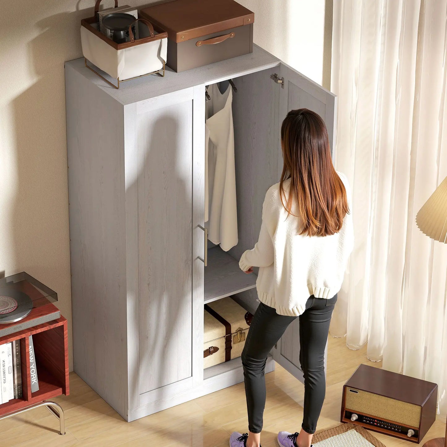 White Wood Effect Wardrobe Cabinet, 2 Doors With Hanging Rod, White